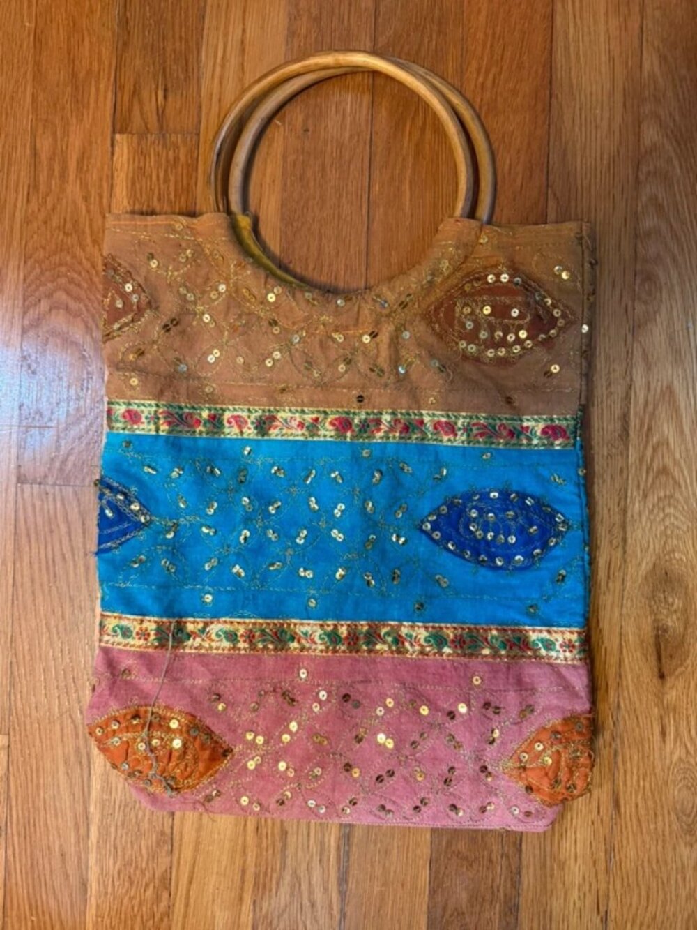 Wooden O-Ring Handle Vintage Beaded Embellished Sequin Tote Retro Ethnic